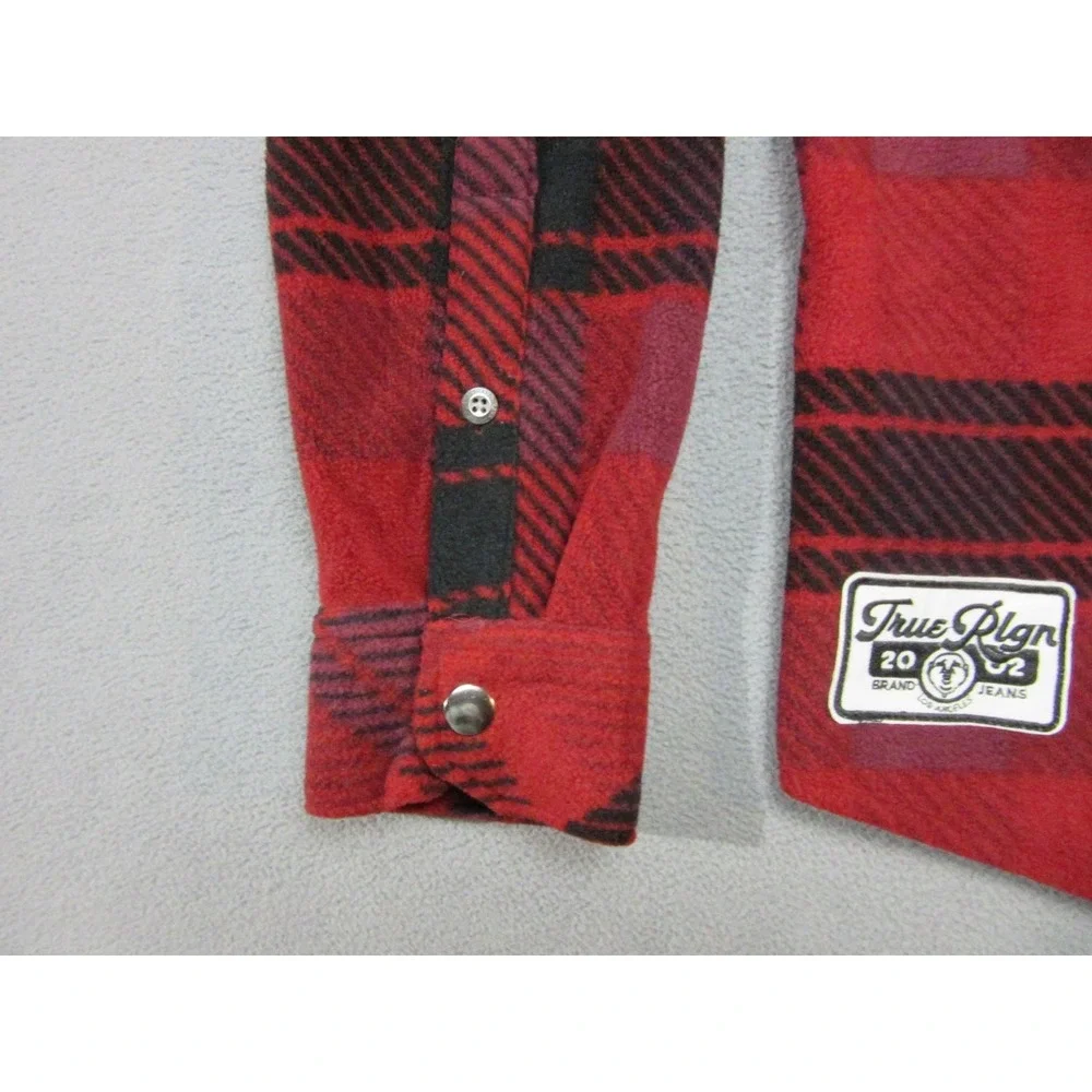 True Religion Shacket Mens Large Red Plaid Polar Fleece Thermal Snap Jacket
